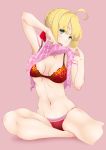  1girl abs ahoge blonde_hair blush breasts cleavage fate/extra fate_(series) green_eyes inamochi_keiichirou navel pink_background saber_extra solo underwear wavy_mouth 