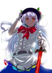  1girl absurdres backlighting blue_hair fingerless_gloves food fps fruit gloves hat highres hinanawi_tenshi long_hair looking_at_viewer navel peach puffy_sleeves red_eyes ribbon shirt short_sleeves simple_background skirt smile solo sword_of_hisou touhou white_background 