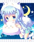  1girl :3 =_= animal_costume blue_eyes blush braid crescent gochuumon_wa_usagi_desu_ka? hair_ribbon hazakura_satsuki kafuu_chino long_hair looking_at_viewer over-kneehighs ribbon silver_hair star thigh-highs tippy_(gochuumon_wa_usagi_desuka?) white_legwear 