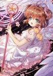  1girl :d angel_wings antenna_hair aqua_eyes brown_hair cardcaptor_sakura cherry_blossoms choker feathered_wings frilled_sleeves frills hoshi_no_tsue kero kinomoto_sakura magic_circle open_mouth petals petticoat pink_ribbon puffy_short_sleeves puffy_sleeves ribbon short_hair short_sleeves short_twintails smile solo twintails wand wataru_kuri white_wings wings 