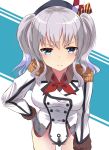  1girl blue_eyes blush bottomless color1087 epaulettes frown gloves hand_on_hip highres kantai_collection kashima_(kantai_collection) kerchief leaning_forward military military_uniform short_hair short_twintails silver_hair solo twintails uniform wavy_hair white_gloves 
