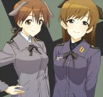 2girls animal_ears brown_eyes brown_hair gertrud_barkhorn johanna_wiese long_hair long_sleeves low_twintails military military_uniform multiple_girls shiratama_(hockey) smile strike_witches twintails uniform 