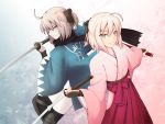  2girls ahoge black_ribbon black_scarf blonde_hair fate/grand_order fate_(series) hair_ribbon hakama holding_sword holding_weapon japanese_clothes katana looking_at_viewer migiha multiple_girls ribbon sakura_saber scarf shinsengumi short_hair sword weapon yellow_eyes 