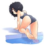  1girl ass barefoot blush feet from_behind looking_back original oyatsu_(mk2) short_hair solo wet white_background 