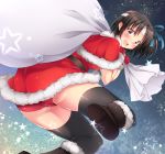  1girl ass bag belt black_hair black_legwear blush boots brown_boots buruma christmas commentary_request dress fur gloves headband holding_bag kantai_collection looking_at_viewer looking_back nagara_(kantai_collection) night night_sky open_mouth panties panties_under_buruma red_dress red_gloves sack santa_costume short_hair side_ponytail sk02 skirt sky solo star thigh-highs underwear white_panties zettai_ryouiki 