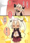  1boy 1girl ^_^ admiral_(kantai_collection) ahenn blush brown_hair budget_sarashi cape closed_eyes comic glasses grey_hair kantai_collection musashi_(kantai_collection) open_mouth petting pleated_skirt sarashi skirt smile tan translation_request two_side_up younger 