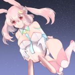  1girl animal_ears bare_shoulders between_breasts breasts bunny_girl bunny_tail bunnysuit cleavage crescent_hair_ornament detached_collar elbow_gloves floating gloves hair_between_eyes hair_ornament highres large_breasts leotard long_hair looking_at_viewer original pink_eyes pink_hair pink_legwear rabbit_ears shioyaki_sawara sky solo star_(sky) starry_sky strapless tail thigh-highs twintails wrist_cuffs 