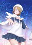  1girl alternate_costume bangs blue_bow blue_skirt bon_nob bow brown_hair capelet church cowboy_shot from_below fur_trim glass hand_on_own_chest hat koizumi_hanayo lace lace-trimmed_skirt long_sleeves looking_at_viewer love_live!_school_idol_project miniskirt outstretched_arm pleated_skirt pom_pom_(clothes) reaching ribbon short_hair signature skirt solo spread_fingers striped striped_bow swept_bangs thigh-highs violet_eyes white_legwear white_wings wings 