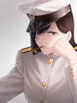  1girl amino_(tn7135) brown_eyes buttons character_request chin_rest cigarette hair_over_one_eye hat looking_at_viewer smoking solo uniform 