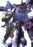  1girl blue_eyes blue_hair bodysuit character_name covered_nipples haganef hair_ribbon highres hips katana long_hair long_ponytail mecha muvluv navel open_mouth ribbon shiny shiny_clothes smile solo sword toned very_long_hair waist weapon white_background 
