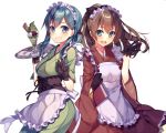  2girls alternate_costume alternate_hairstyle apron aqua_eyes aqua_hair black_gloves brown_hair colored comic enmaided folded_ponytail gloves grin hair_between_eyes japanese_clothes kantai_collection kumano_(kantai_collection) kureaki_(exit) long_hair long_sleeves looking_at_viewer maid maid_apron maid_headdress multiple_girls open_mouth ponytail smile suzuya_(kantai_collection) wa_maid waist_apron wide_sleeves 