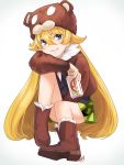 1girl alcohol amino_(tn7135) animal_hat bare_legs beanie beer blonde_hair boots brown_boots can character_request fur_trim green_skirt hair_between_eyes hat jacket long_hair miniskirt pose signature sitting skirt smirk solo very_long_hair 