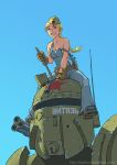  1girl alexey_lipatov belt blonde_hair blue_eyes blue_sky braid breasts brown_gloves cleavage crowbar garrison_cap gatling_gun gloves grin gun hat long_hair mecha mechanic no_bra nose original overalls shirtless sideboob single_braid sky smile solo soviet straddling strap_slip tool_belt watermark weapon web_address wrench 