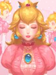  1girl artist_name bellhenge blonde_hair blush closed_eyes crown dress elbow_gloves gem gloves highres jewelry light_smile lips super_mario_bros. pink_background pink_dress princess_peach puffy_short_sleeves puffy_sleeves sapphire_(stone) short_hair short_sleeves solo super_mario_bros. white_gloves 