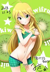  1girl 2013 ahoge blonde_hair breasts cleavage dated green_eyes hoshii_miki idolmaster long_hair looking_at_viewer navel smile solo star sunsun69 under_boob 