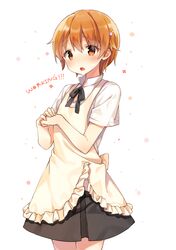  1girl apron blush copyright_name hair_ornament hairpin highres inami_mahiru orange_eyes orange_hair shinoba short_hair uniform waitress working!! 