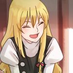  1girl amino_(tn7135) blonde_hair closed_eyes kirisame_marisa laughing no_hat open_mouth signature solo touhou upper_body vest 
