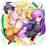  2girls animal_ears bamboo black_hair bunny_tail dress finger_gun fps full_moon glowing glowing_eyes hammer inaba_tewi jacket jewelry long_hair long_sleeves looking_at_viewer miniskirt moon multiple_girls necklace necktie open_mouth outstretched_arm pink_dress puffy_sleeves purple_hair rabbit_ears red_eyes reisen_udongein_inaba shirt shoes short_hair short_sleeves skirt smile tail touhou white_background 