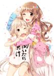  2girls :3 blonde_hair blush brown_eyes brown_hair futaba_anzu hair_ornament highres idolmaster idolmaster_cinderella_girls long_hair moroboshi_kirari multiple_girls open_mouth sakuragi_ren shirt smile star_hair_ornament stuffed_animal stuffed_bunny stuffed_toy t-shirt twintails you_work_you_lose 