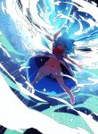  1girl arm_up backlighting barefoot bloomers blue_dress blue_eyes blue_hair cirno dress dutch_angle full_body gradient gradient_background grin hair_ribbon ice ice_wings midriff navel outstretched_arm puffy_sleeves ribbon short_hair short_sleeves smile solo touhou underwear upskirt wings youki_(yuyuki000) 
