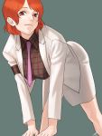  1girl amino_(tn7135) bent_over cross formal horikawa_raiko inverted_cross large_breasts looking_at_viewer necktie plaid plaid_shirt pose red_eyes redhead shirt short_hair signature simple_background skirt solo spread_legs suit touhou white_skirt white_suit 