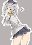  1girl :t absurdres artist_request blush breasts epaulettes from_behind gloves grey_background grey_eyes hat highres kantai_collection kashima_(kantai_collection) outline silver_hair skirt solo thighs 