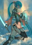  1girl 2015 ariverkao armor ass bangs black_legwear black_panties blue_eyes blue_hair breasts clenched_hand closed_mouth dated from_side frown glowing glowing_sword glowing_weapon hair_ornament high_heels holding_sword holding_weapon long_hair long_sleeves looking_at_viewer original panties ponytail red_lips shield signature solo sword underwear very_long_hair violet_eyes walking weapon 