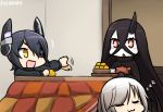  3girls character_request commentary_request dated eyepatch hamakaze_(kantai_collection) hamu_koutarou headgear kantai_collection kotatsu multiple_girls short_hair table tagme tenryuu_(kantai_collection) yellow_eyes 
