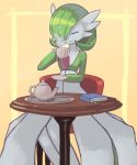  book closed_eyes cup gardevoir green_hair holding_cup no_humans plate pokemon pokemon_(creature) sitting smile solo steam table teacup teapot tesshii_(riza4828) 
