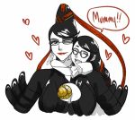  2girls adult amulet arms_around_neck bayonetta bayonetta_(character) black_hair cereza child cleavage_cutout cute eyeshadow glasses hair_ribbon heart hug hug_from_behind kitsune23star lips lipstick long_hair makeup mole mole_under_mouth mother_and_daughter nintendo one_eye_closed platinum_games_inc. ribbon sega smile wink 