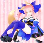  1girl animal_ears bare_shoulders blue_legwear bow breasts caster_(fate/extra) cleavage detached_sleeves fate/extra fate/grand_order fate_(series) fox_ears fox_tail hair_bow hair_ribbon hand_on_own_chest japanese_clothes long_hair looking_at_viewer pink_hair ribbon shirayuki_touya solo tail thigh-highs twintails yellow_eyes 