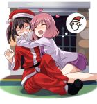  2girls anger_vein angry annoyed beard black_hair blush bow chimney christmas facial_hair hair_bow hat heart love_live!_school_idol_project multiple_girls nishikino_maki open_mouth redhead santa_claus santa_costume santa_hat shikei_(jigglypuff) short_hair skirt smile tagme twintails yazawa_nico yuri 