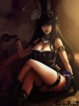  1girl absurdres artist_name black_gloves black_hair boots breasts caitlyn_(league_of_legends) choker cleavage crossed_legs cuffs dress garters gloves handcuffs hat highres kapiheartlilly league_of_legends no_bra panties smile solo underwear violet_eyes 
