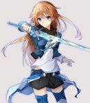 1girl black_shorts blue_legwear brown_hair grey_background holding_sword holding_weapon long_hair looking_at_viewer original shorts smile solo standing sword thigh-highs tsuedzu violet_eyes weapon 