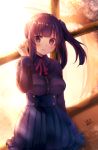  1girl azu_torako bangs blunt_bangs blush breasts brown_eyes brown_hair buttons collar dated dress hand_on_ear indoors light_rays long_sleeves looking_at_viewer original plant purple_dress red_ribbon ribbon short_hair smile solo standing sunlight tree window 