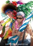  2boys archer blue_hair dark_skin fate/stay_night fate_(series) hat hawaii hawaiian_shirt lancer lei mayuki_(ubiquitous) multiple_boys shirt sunglasses vacation white_hair 