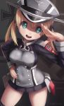  1girl :d anchor_hair_ornament artist_name black_legwear blonde_hair blue_eyes breasts hair_ornament hand_on_hip hat highres kantai_collection looking_at_viewer military military_hat military_uniform novcel open_mouth prinz_eugen_(kantai_collection) salute smile solo teeth thigh-highs twintails uniform 