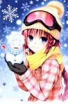  1girl absurdres beanie blue_eyes blush braid coat gloves goggles goggles_on_hat hair_ornament hat highres kurosaki_mea long_hair mittens official_art redhead scan scarf smile snow snowman solo to_love-ru to_love-ru_darkness very_long_hair yabuki_kentarou 