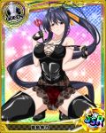  1girl artist_request black_hair breasts card_(medium) character_name chess_piece earrings fingerless_gloves gloves hair_ribbon high_school_dxd himejima_akeno jewelry large_breasts long_hair long_ponytail official_art ponytail queen_(chess) ribbon thigh-highs trading_card very_long_hair violet_eyes 