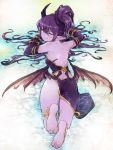  1girl anklet bare_shoulders barefoot breasts butt_crack demon_girl demon_horns dress dungeon_and_fighter elbow_gloves feet gloves grin hair_between_eyes horns jewelry legs_up long_hair looking_back low_wings lying maguro_mayonnaise on_stomach partially_submerged pointy_ears ponytail purple_gloves purple_hair purple_skin sideboob smile soles solo wet wings yellow_eyes 