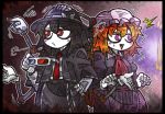  /\/\/\ 2girls 3d_glasses ascot black_hair blonde_hair bow capelet dress eyebrows eyebrows_visible_through_hair frown gradient gradient_background hand_on_hip hat hat_bow maribel_hearn mechanical_arm mechanical_arms mob_cap multiple_girls necktie red_eyes red_necktie suenari_(peace) surprised sweatdrop touhou triangle_mouth usami_renko violet_eyes 