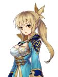  1girl blonde_hair breasts brown_eyes butterfly_hair_ornament cleavage dress hair_ornament long_hair parted_lips ponytail shin_sangoku_musou solo upper_body wang_yuanji zn_(zzzzzni) 