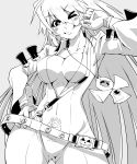 1girl absurdres belt blush_stickers breasts candy cleavage guilty_gear guilty_gear_xrd highres jack-o_(guilty_gear) jewelry lollipop long_hair looking_at_viewer monochrome necklace one_eye_closed solo thighs urujika 
