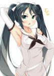  1girl armpits black_hair chestnut_mouth collarbone detached_sleeves green_eyes hair_ribbon hand_behind_head hand_on_hip isuzu_(kantai_collection) kankitsunabe_(citrus) kantai_collection neckerchief ribbon sailor_collar twintails upper_body white_background 