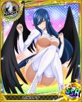  1girl artist_request black_wings blue_hair breasts card_(medium) character_name chess_piece covered_nipples high_school_dxd kalawarner knight_(chess) large_breasts long_hair official_art swimsuit thigh-highs trading_card very_long_hair white_legwear white_swimsuit wings yellow_eyes 