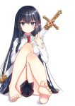  1girl barefoot black_hair blush expressionless feet gem gold highres legs long_hair long_sleeves necktie original pleated_skirt sheath sheathed shirt simple_background skirt soles solo sugarv sword toes very_long_hair weapon white_background 