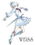  1girl blue_eyes character_name dress long_hair looking_at_viewer mate@juken ponytail rwby silver_hair smile solo sword weapon weiss_schnee 