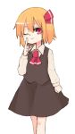  1girl :&gt; black_skirt blonde_hair blouse cravat hair_ribbon long_sleeves mary_janes necktie one_eye_closed open_mouth red_eyes red_ribbon red_shoes ribbon rumia shoes short_hair skirt smile socks solo tagme touhou white_blouse wing_collar yunuki_uta 