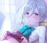  1girl blue_eyes blush bow frown grey_hair hair_ribbon kantai_collection kiyoshimo_(kantai_collection) kylin long_hair long_sleeves navel ribbon school_uniform shirt_lift solo tears twintails wavy_mouth yellow_ribbon 