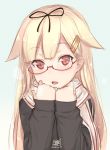  1girl adam700403 bespectacled blonde_hair blush glasses hair_flaps hair_ornament hair_ribbon hairclip kantai_collection long_hair looking_at_viewer open_mouth red-framed_glasses red_eyes remodel_(kantai_collection) ribbon scarf school_uniform semi-rimless_glasses serafuku simple_background sketch under-rim_glasses upper_body yuudachi_(kantai_collection) 